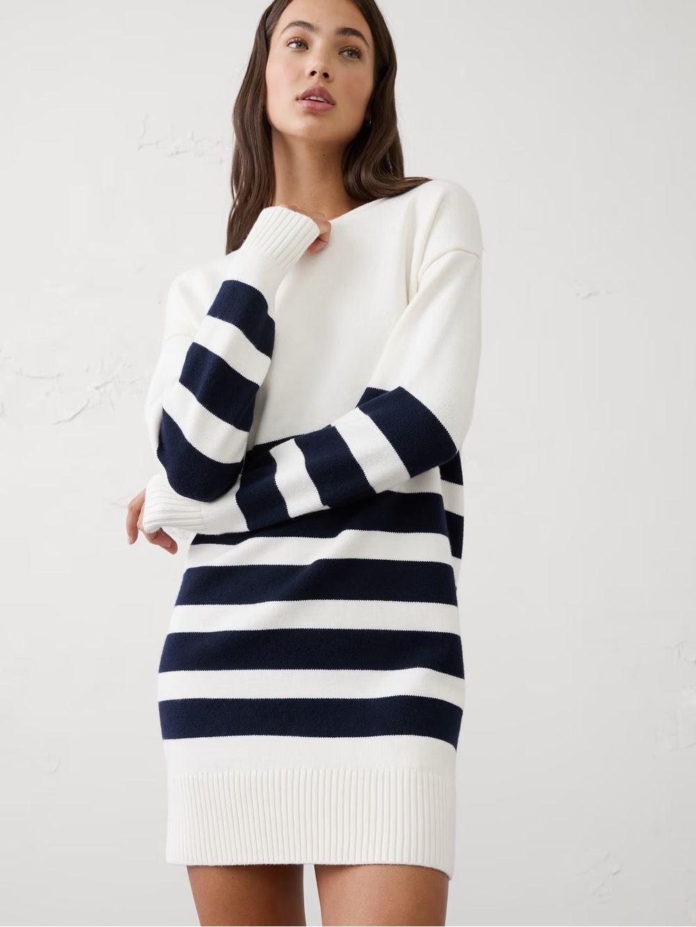 Banana Republic Navy and White Striped Crewneck Sweater Dress